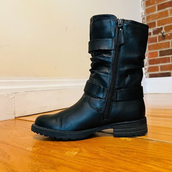 EARTH Women's Everwood Boots 7B Black Leather Mid-Calf Side Zipper Biker Moto - Picture 2 of 16